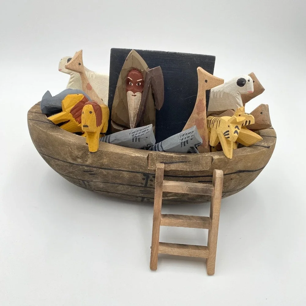 Vintage Noah's Ark Wooden Hand‎ Carved Painted 18 piece Set Noah Animals Story